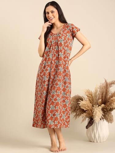 Image of Rupa Jon Aishwarya Women Full Length Printed Nighty in Premium Cotton Blend Fabric, Night Dress, Maxi Nighty for Comfortable Everyday Wear, Free Size