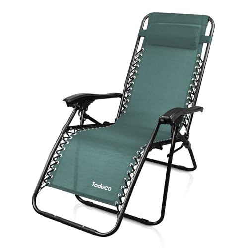 Todeco Chaise Longue Transat Jardin Plein Air, Transat de Plage Pliable, Bain de Soleil avec Repose-tête, d’accoudoirs Réglables, Chaise de Camping en Respirantes...