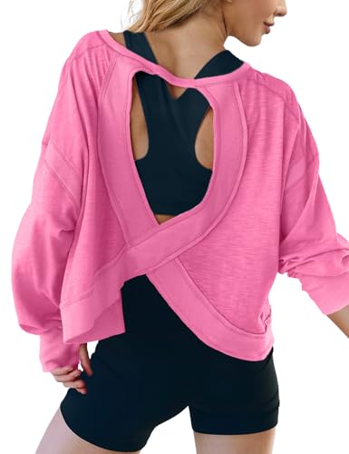 Image of UNIANKIYA Open Back Workout Tops for Women Long Sleeve Cropped Athletic Clothes Gym Running Yoga Low Impact Sports T Shirts