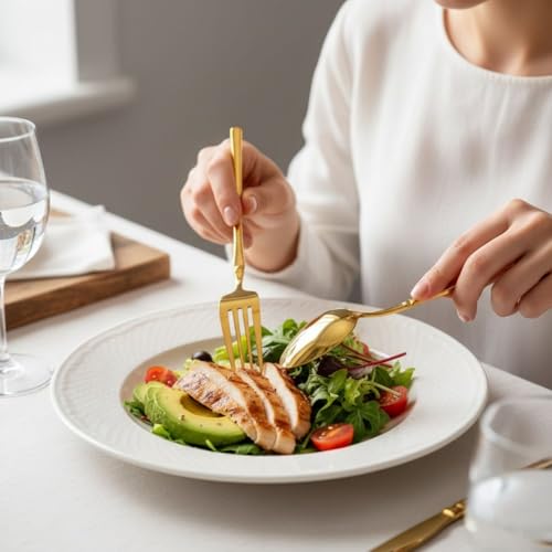 Image of Elegant Handle Gold 5 Pcs Heavy Duty Stainless Steel Cutlery Set for Dining Table (1 pcs Spoon Set+1 pcs Forks Set+1 pcs Butter Knife+1 pcs Dessert Spoon+ 1 Pcs Fuit Fork for Kitchen)