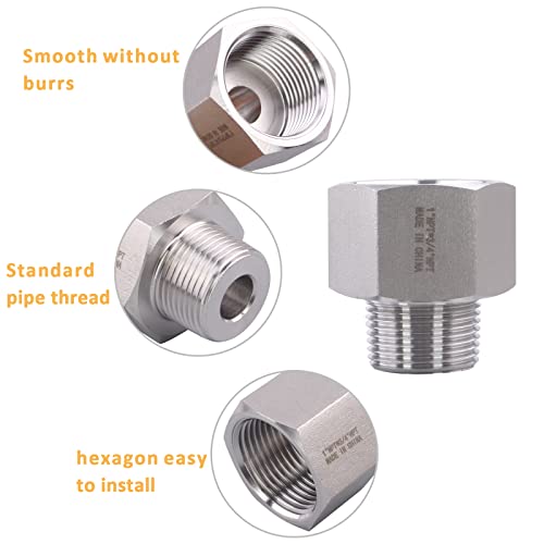 Image of Forged Reducer Adapter Fitting - Stainless Steel 304 Reducing Pipe Connector, 1 inch NPT Female x 3 /4 inch NPT Male (pack of 5)
