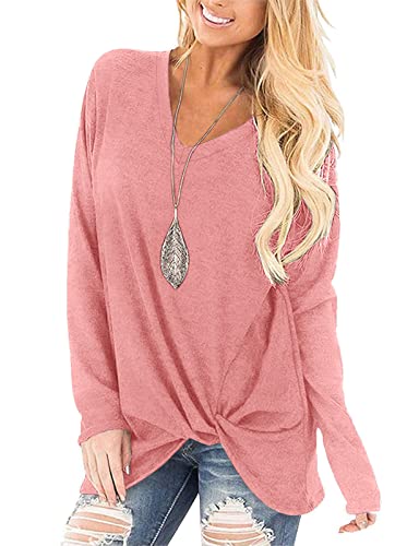 Image of Womens Tops Long Sleeve Shirts V Neck Loose Twist Knot Fall Tunic