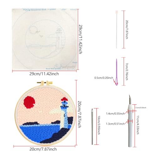 Image of Zhenqing Lighthouse Punch Needle Kit - 29x29cm Embroidery with 20cm Hoop, Coarse Cotton Thread & Tools for Beginners(Z95115C)