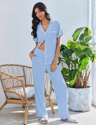 Image of Ekouaer Pajamas for Women Set Button Up Soft Pjs Short Sleeve 2 Piece Lounge Sets Comfy Sleepwear