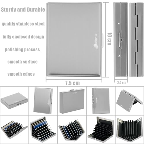 BONSYL® Portfel na Karty Kredytowe, Blokada RFID Slim Metal Bank/ID/Etui na Karty Kredytowe Mieści 10 Kart, Bezpieczny Portfel na Karty Kredytowe dla Kobiet i Mężczyzn. (10 Kart/Srebra)