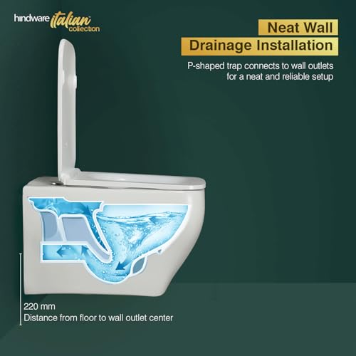 Image of Hindware Italian Collection Mariana Edge Wall Mount EWC for Bathroom | P-215 Trap | Made of Ceramic | 10-year Warranty | Rimless | Concealed Fixation | Duroplast Seat Cover | Water Saving | Soft Close