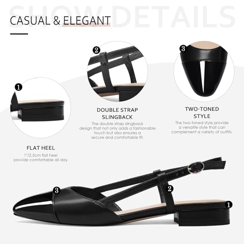 Image of Vaslemuse Slingback Flats for Women Two Toned Double Strap Block Low Heel Flats Classic Womens Sandals Comfortable Dressy