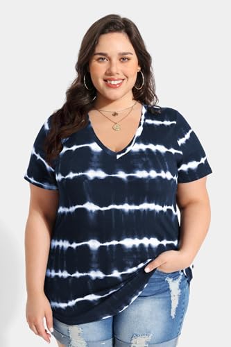 Image of RITERA Women Plus Size Tops Tie Dye V Neck Shirt Floral Camo Summer Short Sleeve Tunic Oversized Ladies Blouse XL-5XL