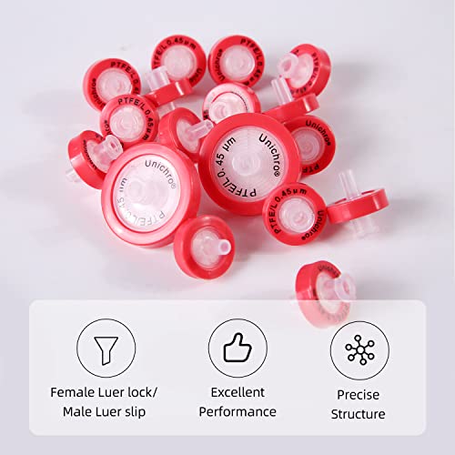 Image of 100 Pack Syringe Filter PTFE Lab Filters 0.8μm Pore Size 25mm Diameter Hydrophobic Filtration Non-sterile Red