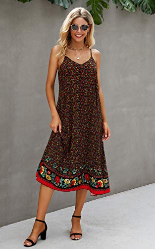 Image of Angashion Women's Dresses Floral Adjustable Spaghetti Strap V Neck Boho Long Maxi Dress Summer Beach Flowy Ethnic Sundress