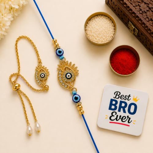 Image of eCraftIndia Designer Evil Eye Bhaiya Bhabhi Rakhi with Best Bro Ever Fridge Magnet, Gold-Plated Nazar Rakhi & Lumba Rakhi Set for Brother & Bhabhi, Raksha Bandhan Gift with Roli Chawal