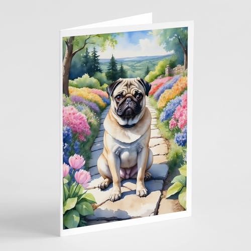 Caroline's Treasures Pug Spring Path Greeting Cards Pack of 8 Blank Cards with Envelopes Whimsical A7 Size 5x7 Blank Note Cards