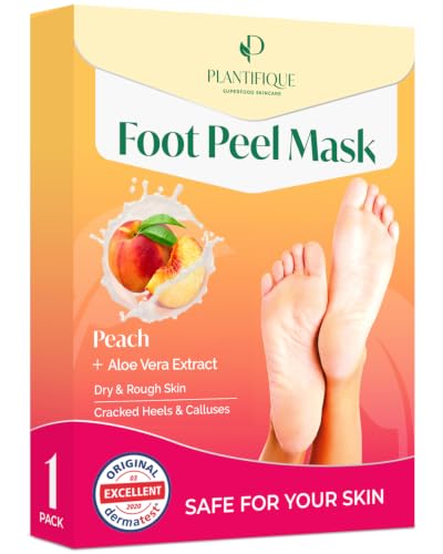 Plantifique Foot Peel Mask 1 Pair Exfoliating & Dermatologically Tested Foot Treatment Removes Dead Skin & Repairs Heels for Soft Feet Peach Scent Gift for Women & Men
