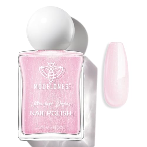 modelones Glazed Pink Nail Polish, Shimmer Pearl Pink 15 ml Quick Dry Nail Lacquer Strengthener Long Last Shine Fingernail Toe Nail Art DIY Home Travel Manicure Gift for Women Girls 0.5 Fl Oz