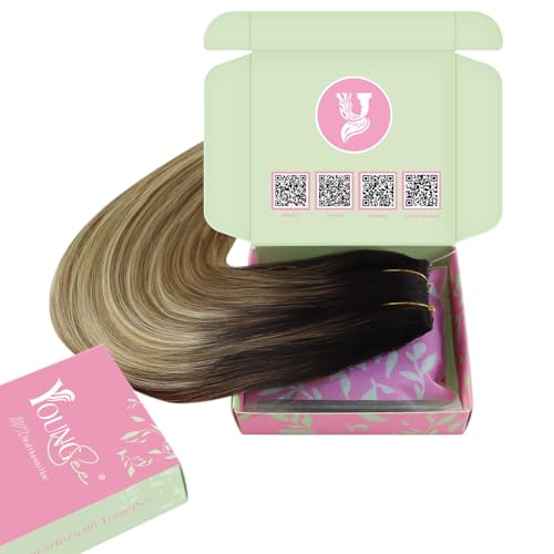 Image of YoungSee 135G Wire Hair Extensions Real Human Hair Ombre, 20 Inch Balayage Human Hair Wire Extensions, Dark Roots to Medium Brown with Blonde, Fish Line Hair Extensions for Women