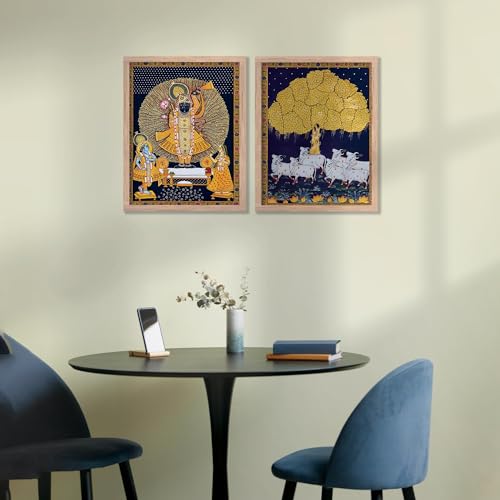 Image of kotart Premium Traditional Wall Art Set of 2 | Kamdhenu Cow Painting | MDF Wooden Framed Pooja Room & Living Room Wall Decor (Art 2, 14x20 Inch)
