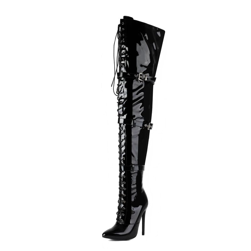 Damen Overknee Stiefel Spitze Geschlossene Zehen Stiletto High Heels Lackleder Schnürstiefel mit Schnallen