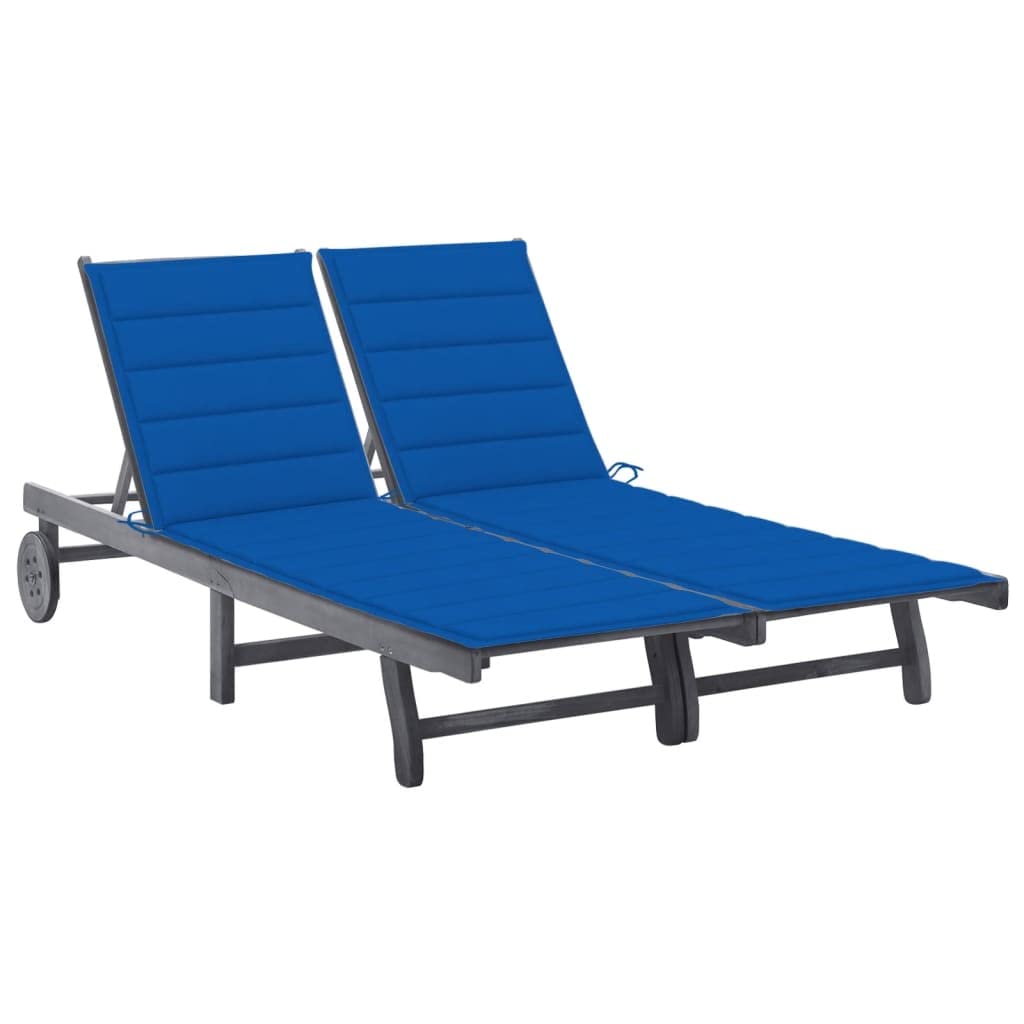 Acacia Wood Sun Lounger with Cushion, 2-osobowy fotel wypoczynkowy do użytku na świeżym powietrzu, regulowane oparcie i podnóżek, szare drewno akacjowe, pojemność 110 kg