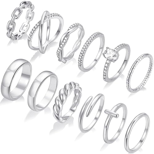 FAXHION 12 PCS Dainty 14K Gold Rings for Women, Open Chunky Twist Simulated Diamond Criss Cross Designs, Non Tarnish Gold Plated Stacking Thumb Ring, Perfect for Wedding Rings Size 5-11