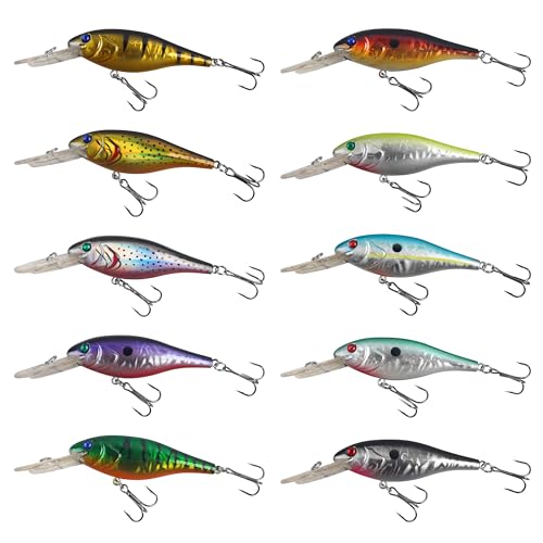 Leurres de pêche rigides pour bar et doré | Lot de 10 pièces Type D Shaddock Fishing avec triples