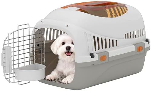 PawHut Transportín para Gatos y Perros Pequeños, Caja de Transporte de Plástico, Carga 4 kg, con Claraboya, Cuenco, Puerta de Acero, Cerradura Triple, Base Elevada, 49x32x31 cm, Gris Claro