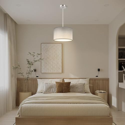 Zedelmaier Hängelampe Lampenschirm Deckenlampe Hängend mit Stofflampenschirm E27x1/Max.40w Hängelampe Wohnzimmer Schlafzimmer Esszimmer Schlafzimmerlampe Wohnzimmerlampe Pendelleuchte (Grau, Φ30cm)