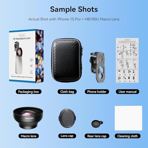 Upgraded Professional Macro Lens for Smartphone, HB100U Macro Photography Lens for iPhone, Aluminum Phone Camera Lens Kit with Universal Clip. Phone Lens Attachment Fit for iPhone, Android Phone.