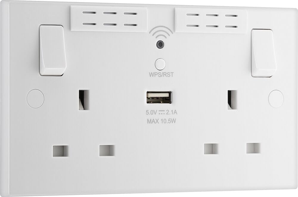 BG Electrical Double Switched Power Wall Plug Socket with Type A USB and Wi-Fi Extender, Square Edge, Nexus 900 Series, White Moulded, 13A, 922UWR