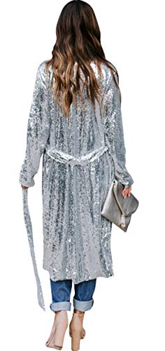 Womens Spring Fall Sequins Open Front Cover Ups Overcoat Long Sleeve Slim Belted Cardigan Coat Windbreaker Jacket Party Club Dress Silver S #TOP3