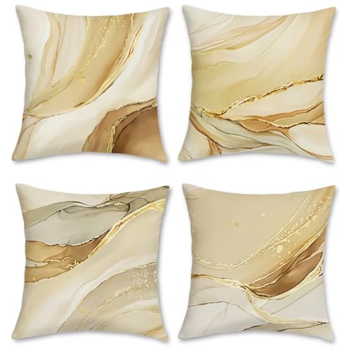 Bonhause Brown Gold Marble Texture Throw Pillow Covers 18 x 18 Inch Set of 4 Modern Abstract Art Decorative Pillows Case Soft Velvet Cushion Covers for Couch Sofa Bed Home Décor