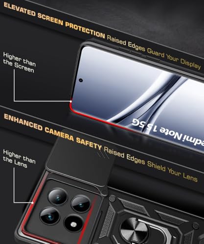 Image of WOW IMAGINE Tough Armor Bumper Mobile Back Case for Mi Redmi Note 15 5G 2025 | Poco M8 5G | Sliding Camera Cover | Shock Proof 360 Protection | Hybrid PC + TPU | Ring Holder with Kickstand - Black