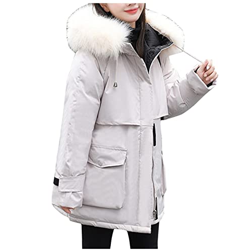 Dfdgbd Women Fashion Coat Outerwear Long Warm Solid Cotton-Padded Jacket Large Pocket Hooded Long Long Sleeve Fleece (White, L) #TOP1