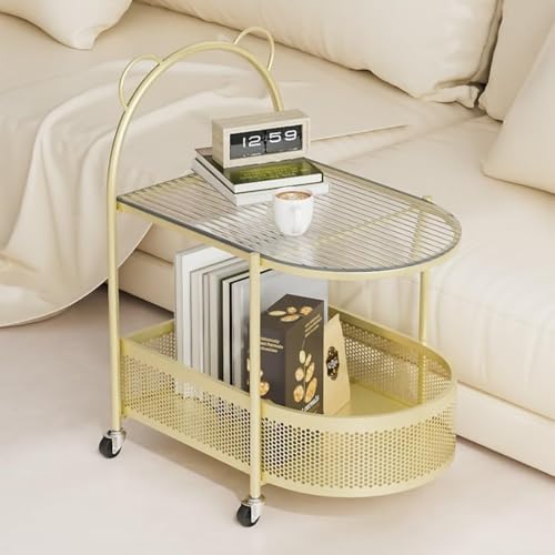Mesa Auxiliar con Tablero de Vidrio Templado, Patas tubulares de Metal, estantes de Malla, Mesa Auxiliar de Dos Niveles para Espacios pequeños, Sala de Estar, Uso múltiple (Dorado,