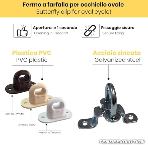 Fermo A Farfalla Per Occhiello Ovale In Pvc O Acciaio Zincato In Diversi Colori. Adatto Per Telo In Pvc Occhiellato. Fermo Cavallotto Per Occhiello A Molla Per Telo Impermeabile (Pvc Avorio) - 3
