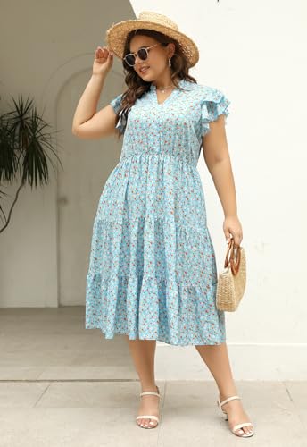 Image of Keluummi Plus Size Midi Dress for Curvy Women Wedding Guest Summer Floral Empire Waist Short Sleeve with Pockets (20 Plus, 10 - Light Blue Floral)