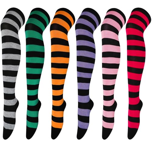 Image of AQOKKA Thigh High Socks for Women Striped Over Knee Thigh Socks Long Boot Thigh High Stockings Leg Warmers for Girls