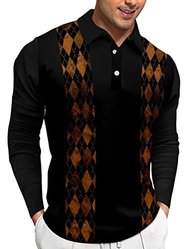 Button up Polo Shirt for Men Long Sleeve Golf Shirt Casual Printed Slim Fit Polo Tee Shirt