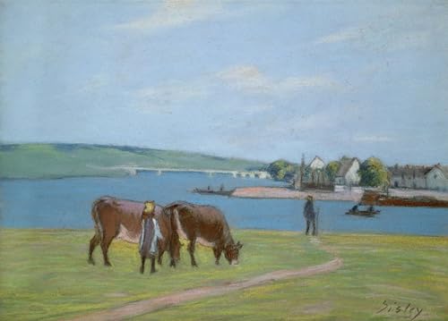 Art mural en toile Vaches au bord de la Seine de Sisley | Idée déco grand tableau 60x90