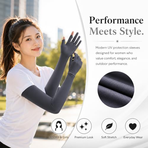 Image of SEMITO UV Protection Sleeves for Women & Girls, Sunblock Driving Gloves Non Slip for UV Protection Cooling Arm Sleeves for Biking, Cricket, Cycling, Golf & Outdoor Sports