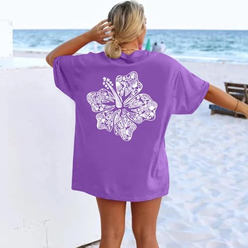 Image of Hawaiian T Shirts for Women Oversized Aesthetic Hibiscus Flower Beach Shirt Teens Preppy Tropical Graphic Tee Tops
