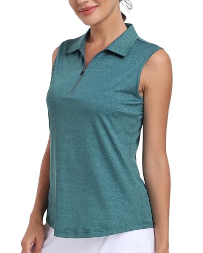 MoFiz Womens Golf Polo Shirts Sleeveless Gym Tennis Golf Top Summer Breathable Casual Work Sports T-Shirt with 1/4 Zip Sea Blue Size US S