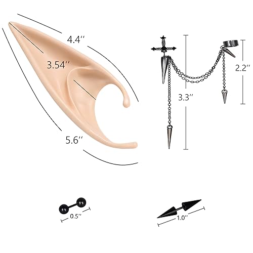 FRESHME 2 Pairs of Fairy Elf Ears with Sliver Piercings - Gothic Elf Ear Cuffs Skull Rose Cross Studs Sterling Earrings4
