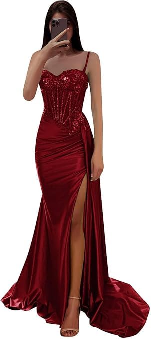 Satin-Ballkleider Meerjungfrauenkleider mit Spitzenapplikationen Korsettkleid mit Falten und Schlitz Burgunderfarben XXS