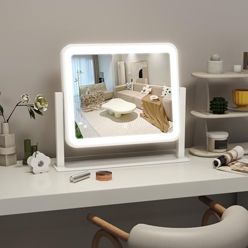 Image of ROLOVE 14 inchx12 inchVanity Mirror, Lighted Makeup Mirror for Vanity Desk, Smart Touch Control, 360 Rotation, 3-Color Modes, Gifts for Women, Bedroom, White