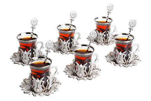 LaModaHome Turkish Tea Set/Turkish Tea Cups of 6 with Spoons, Saucers and Holders - Fancy Vintage Handmade Glass Tea Set, Glass Tea Cup, Gift, Teatime/Gift Set