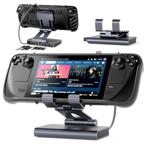 Docking Station Steam Deck Dock: Adjustable Stand 6-in-1 Hub Stream Deck Accessories with HDMI 2.0 4K@60Hz TV/1Gb Ethernet/3*USB-A 3.0/PD 3.0 Fast Charging for Steam iPad Other Smart Phones Black