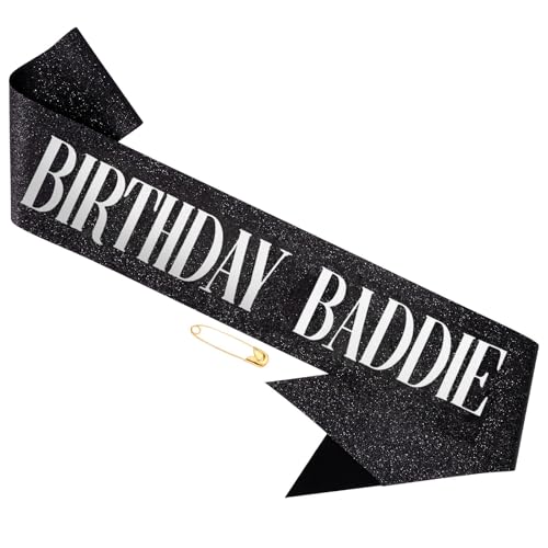 Hapdoo Adjustable & Reusable Birthday Sash - Silver Color BIRTHDAY BADDIE Glitter Sash with Silver Foil for Women Men Party
