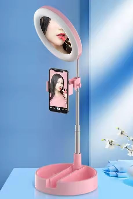 Seadra Pink Ring Light, Foldable Makeup Mirror, USB Charging Phone Stand, Selfie Ring Light, 3 Lighting Modes 3500K-6000K Adjustable Makeup Light for YouTube, TIK Tok, Vlog Shooting,Aesthetic Look