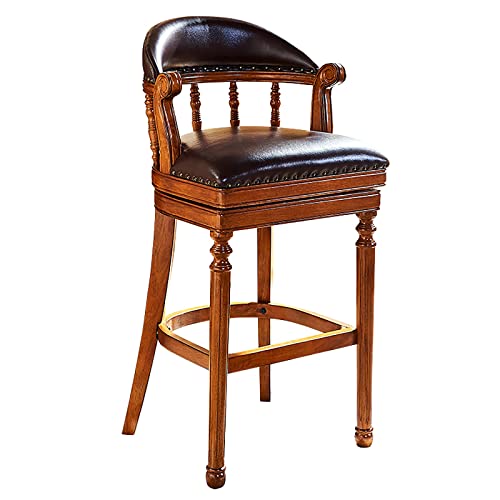 Vinta - Taburete de bar con respaldo, taburete de madera maciza, cómodo asiento giratorio de cuero de alta calidad, silla de cocina y pub, asiento marrón de 22 pulgadas para restaurante y uso