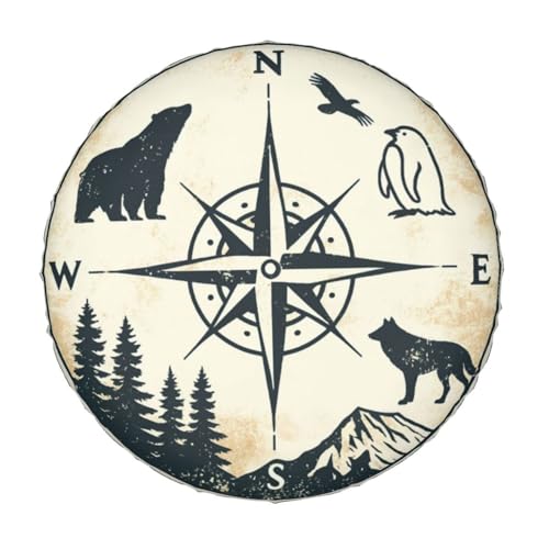 Image of Universal Fit Spare Tire Cover for RV, SUV, and Camper Trailers - Weatherproof Wheel Protector, Compass Animal Mountain Decorative Camper Spare Tire Cover 16 in